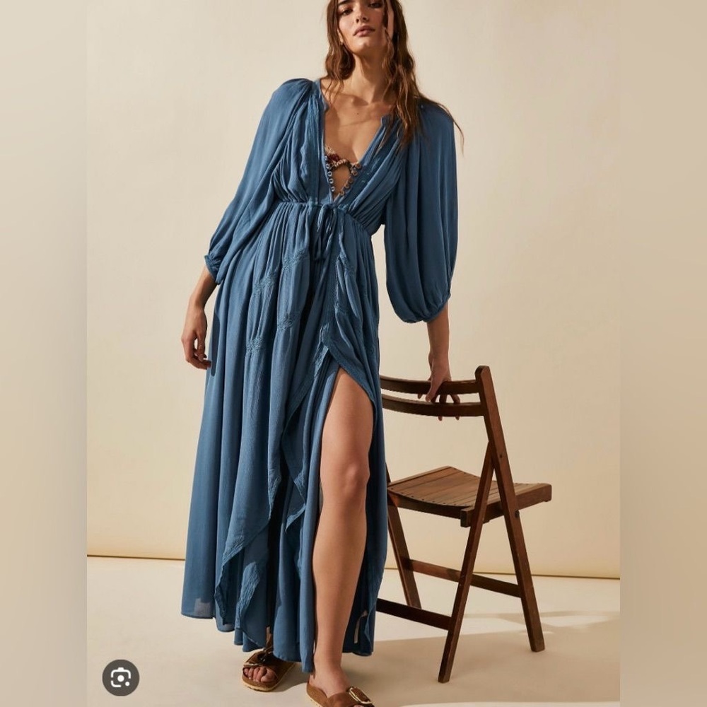 Free People Blue Tie Front Maxi Dress with Plunge Neckline